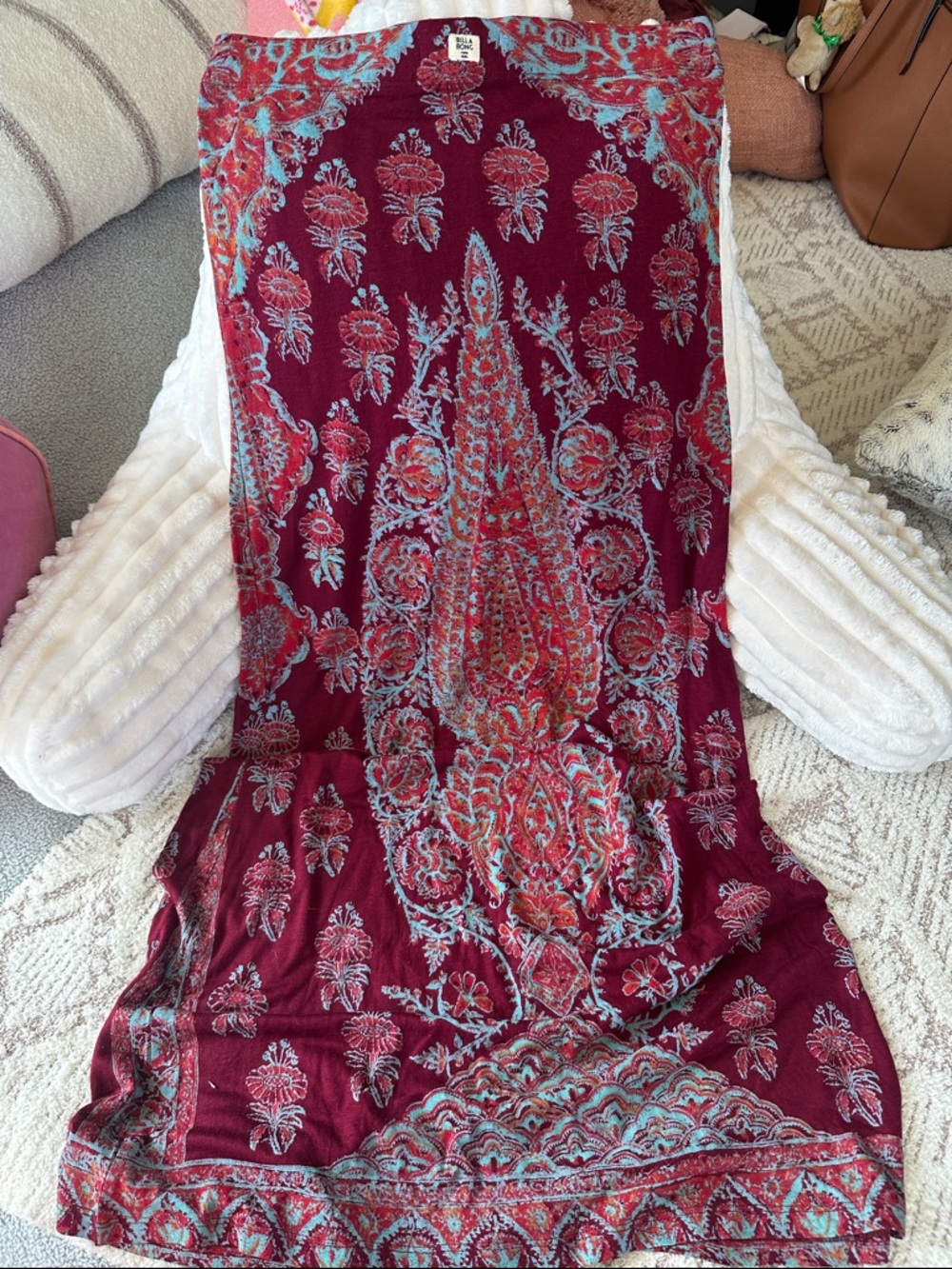 RARE Billabong Boho Maxi Skirt Burgundy Paisley Like New Flowy Festival Style